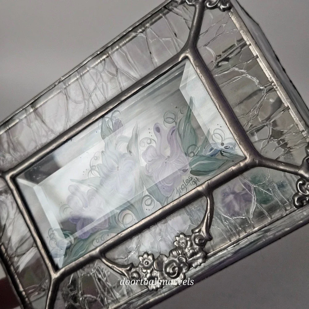 VTG Hand Painted Iridescent Glass Case Jewelry Box Signed Ingles '94 Art Nouveau
